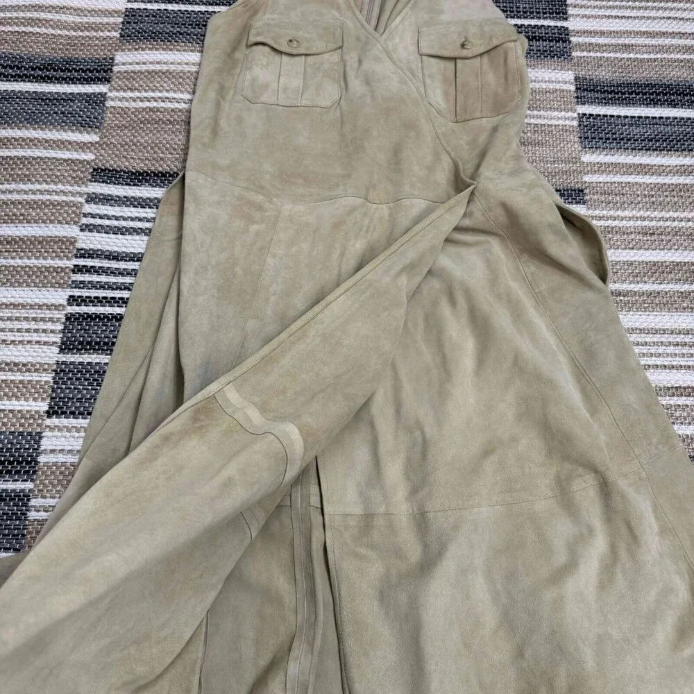Lauren Ralph Lauren 100% Goat Suede Belted Sleeveless Dress Faux‎ Wrap Tan Sz 10